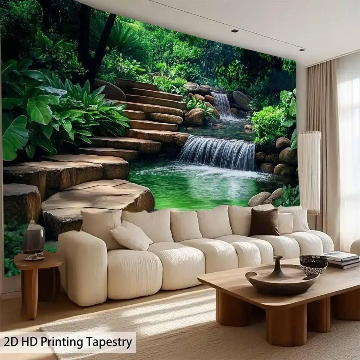 Forest Waterfall Tapestry Mountain Stream Landscape Green Nature Wall Art for Bedroom Living Room Dorm Decor