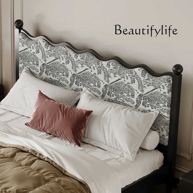 French solid wood bed 2025 new ripple bed retro style master bedroom 1.8 meters solid wood medium and ancient style wave bed