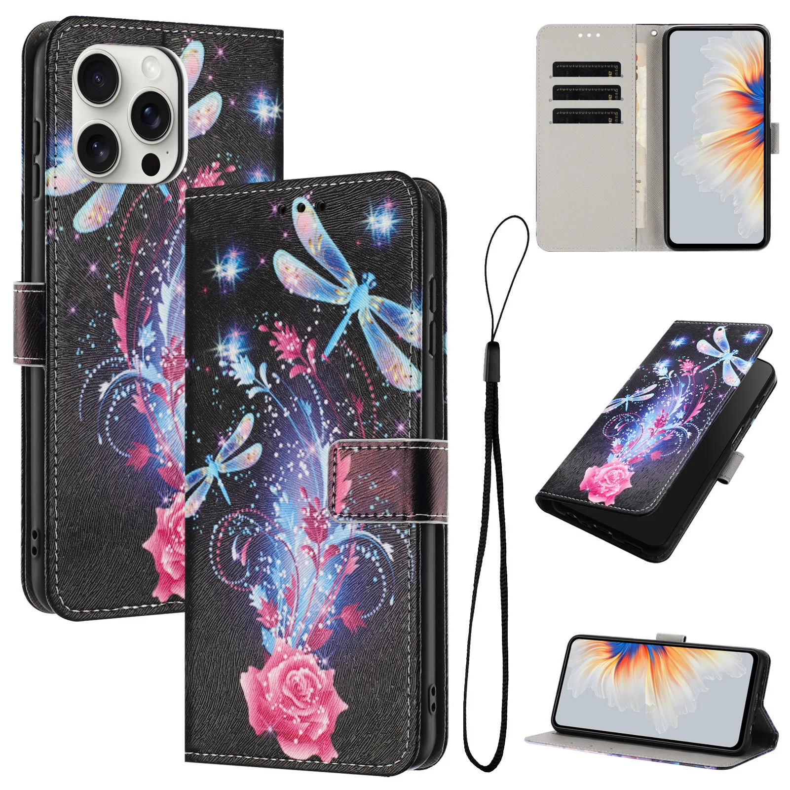 Handy Lanyard Leather Flip Case for Samsung Galaxy Wide 8 7 6 A Quantum6 5 4 Buddy5 3 Jump4 3D Painted 3 Cards Wallet Cover