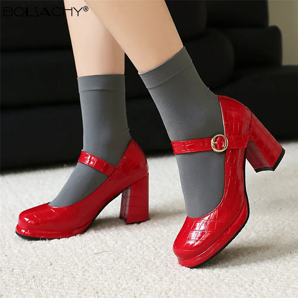 Spring New Woman Classic Block Heel Closed Toe Mature Ladies Office Pumps Buckle Strap Vintage Women Platform Mary Janes Shoes