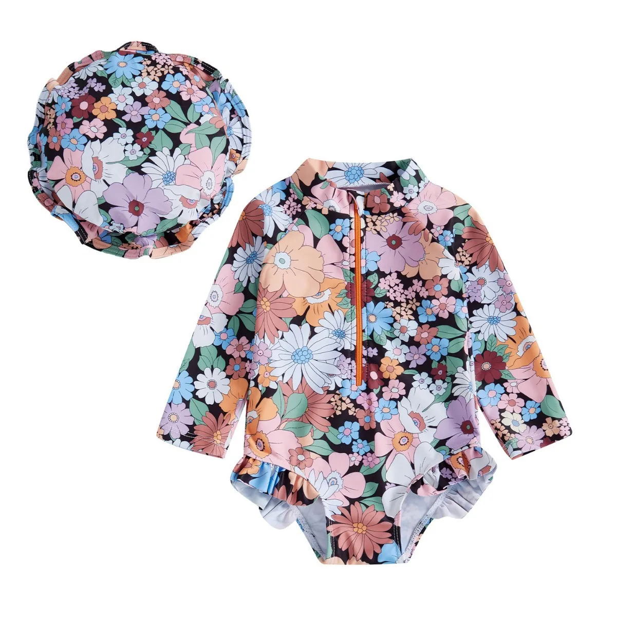 Summer Baby Girls One-piece Swimsuit Kids Cute Floral Print Sun-protective Long Sleeve Quick-Dry Triangle Swimwear Bathing Suit