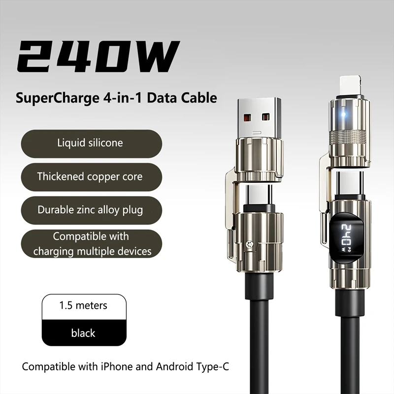 

4 IN 1 PD 240W Fast Charging Cable Digital Display High-speed Data Transfer Cord USB Type-c To C Wire for iPhone Xiaomi Huawei