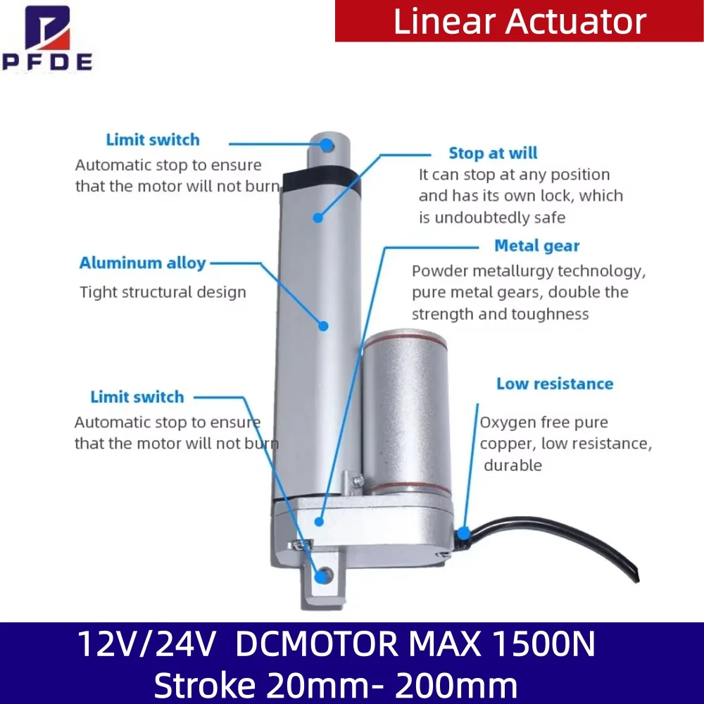 Stroke 20MM-200mm Linear Actuator High Speed 5mm/s~90mm/s  150N~1500N Electric Telescopic Rod 12V 24V for Window Opener