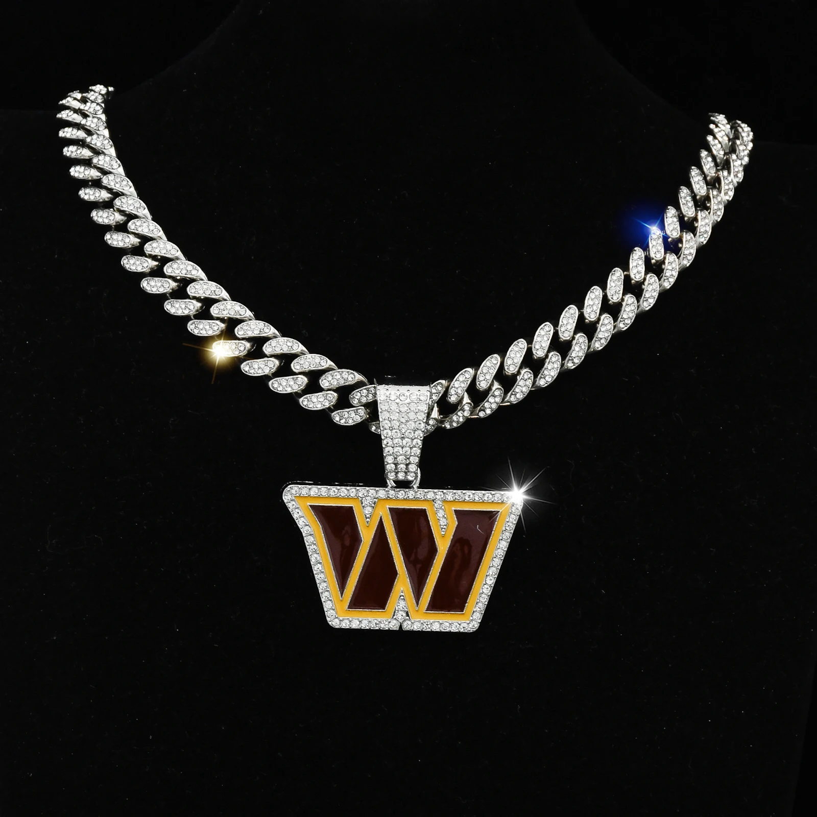 Fashion Jewelry Washing Ton Big W Letter Pendant Football Team Logo Necklace Full Rhinestone Cuban Chain