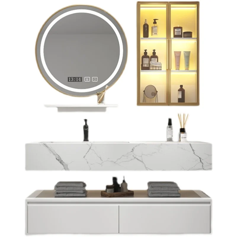 

Rock-plate integrated basin bathroom cabinet combination intelligent sensing mirror cabinet bathroom washstand oak