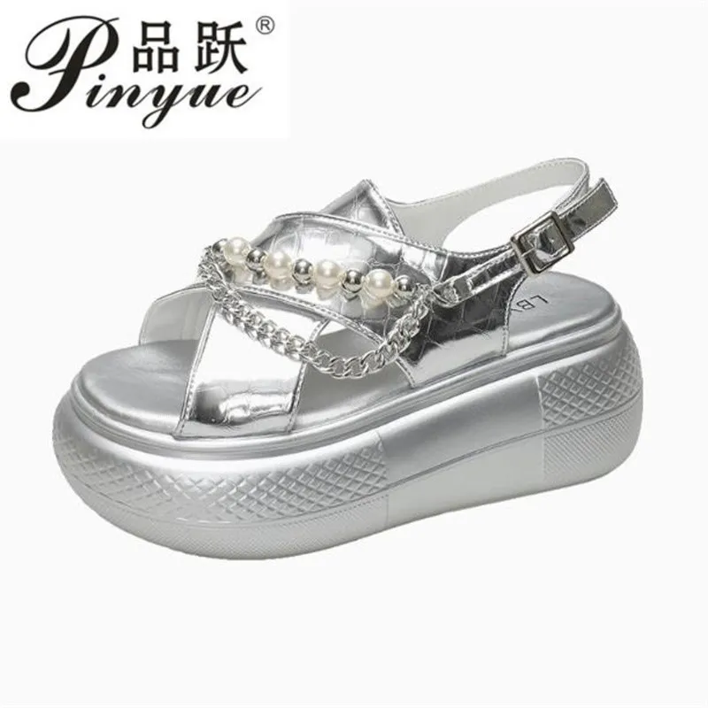 7.5 summer new beach sandals pine cake thick sole lightweight height-raising women's shoes pearl chain beach sandals 34 39