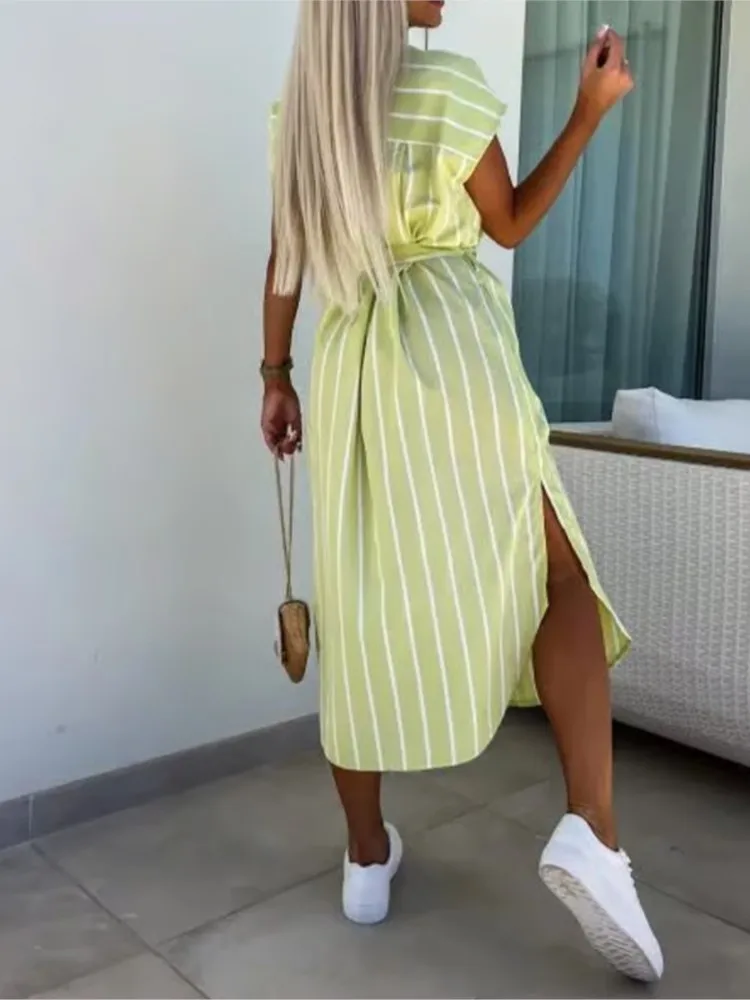 ファッショナブルなストライププリントカジュアルラペルミッドレングススカート痩身夏の新しいシングルブレストシャツドレス女性のための