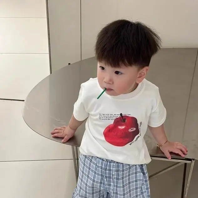 2025 Baby Boy Apple Printed Pure Cotton Short Sleeved T-shirt Children's Summer Stylish White Versatile Top