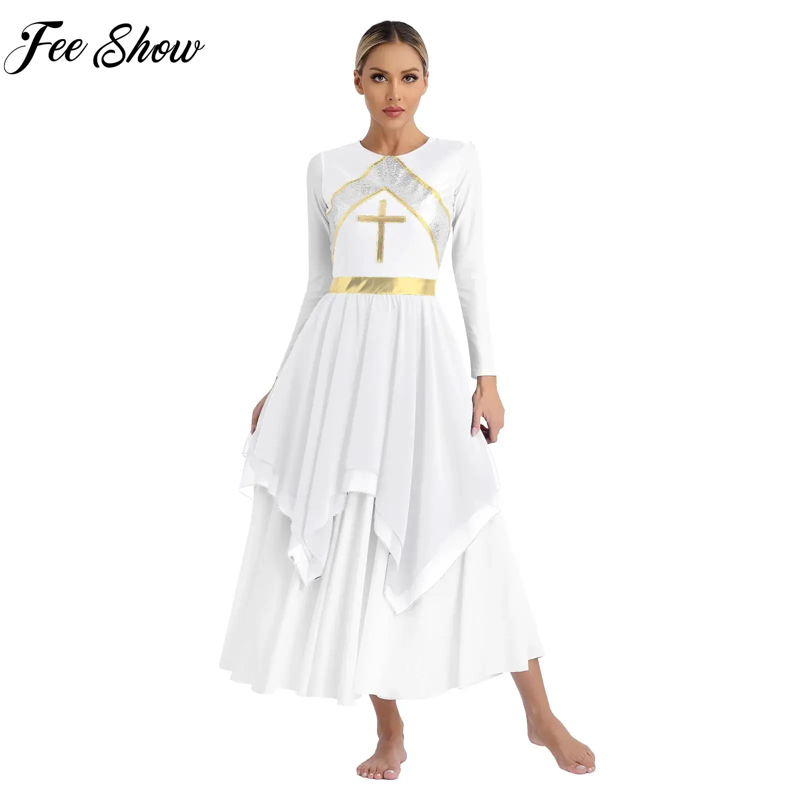 

Women's Metallic Shiny Liturgical Praise Dance Dresses Sequins Sleeveless Dress Lyrical Performance Costume Irregular Hem Dress