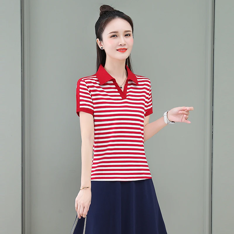 New Women'S Summer Thin Stripe Fashion Versatile Short Sleeve Mom Comfortable Versatile Loose Casual Sports Lapel Collar Top