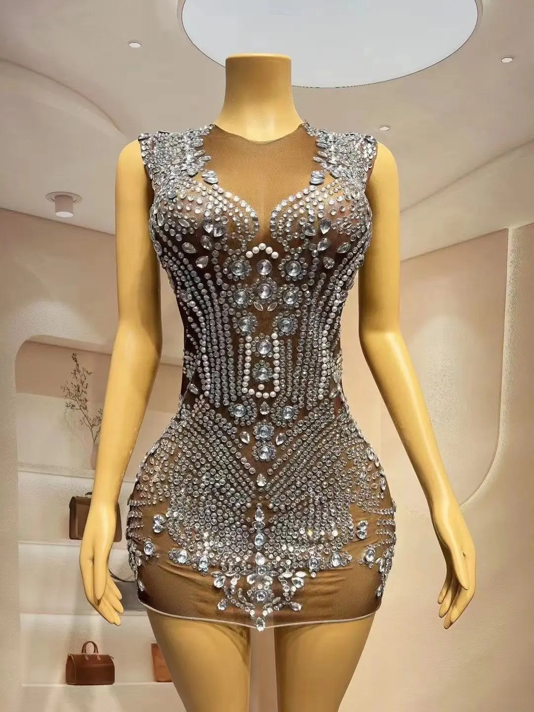 Silver Crystals Birthday Sexy Brown Dress Evening Celebrate Transparent Mesh Stage  See Through Performance Sleeveless Outfit