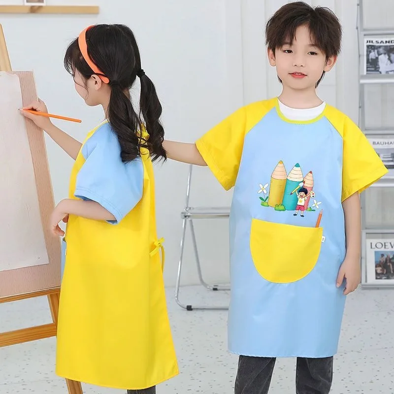 

Children's Art cute Painting Apron Waterproof For Child 3-8 Years Kids Kindergarten Painting Reverse Dressing with short Sleeve