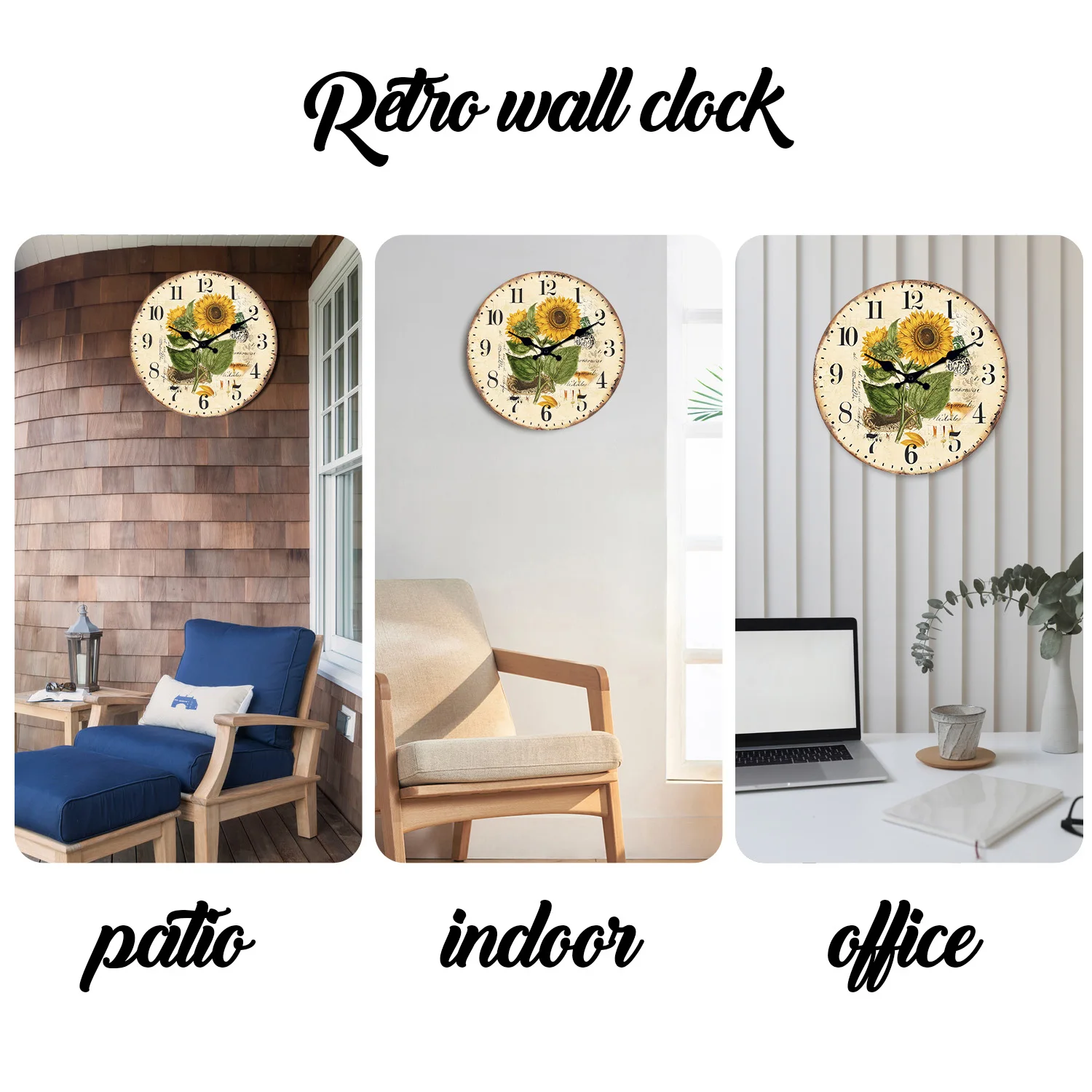 1pc Retro Wood Wall Clock, Two Sunflower Flower Design Wall Clock, Non-Ticking Silent Wall Clock, Home Living Room Decoration