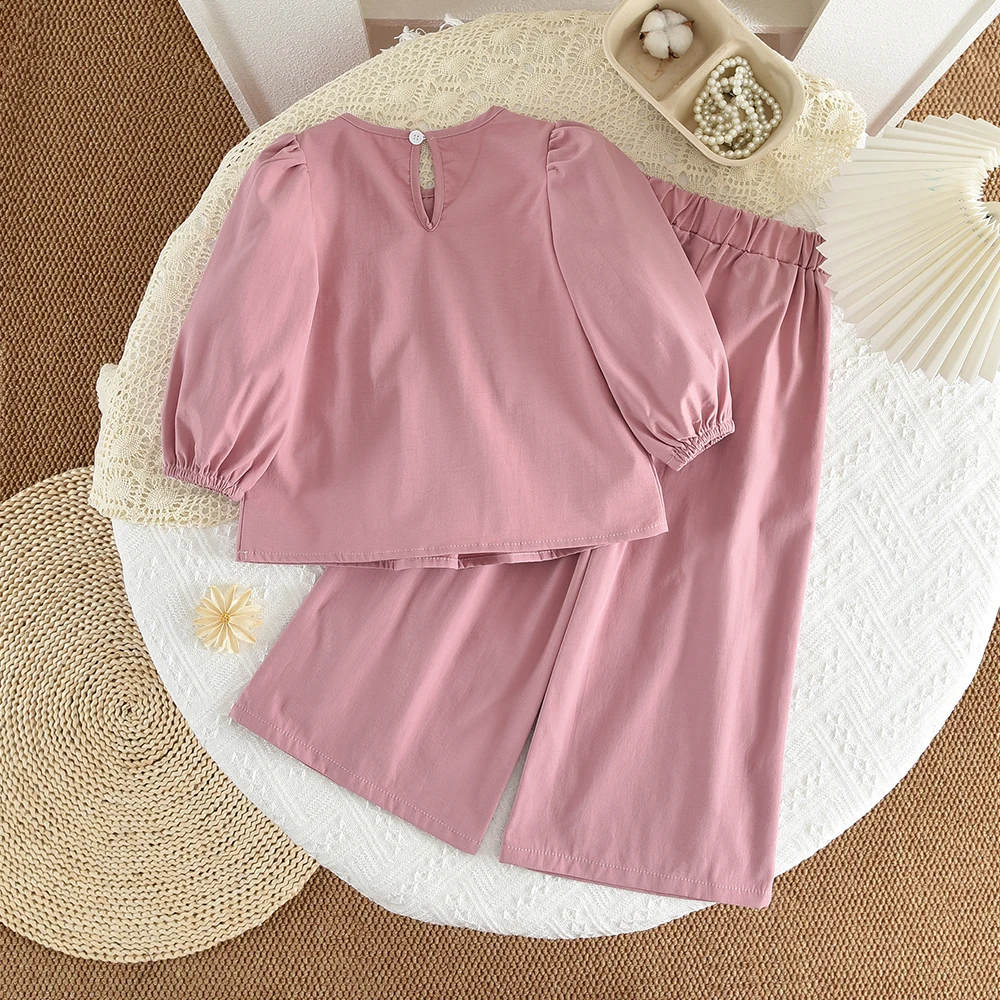 Bear Leader Korean Version Pink Bow Decoration Girls Clothes Autumn Long Sleeved Top+Wide Leg Pants Solid Color Children's Set