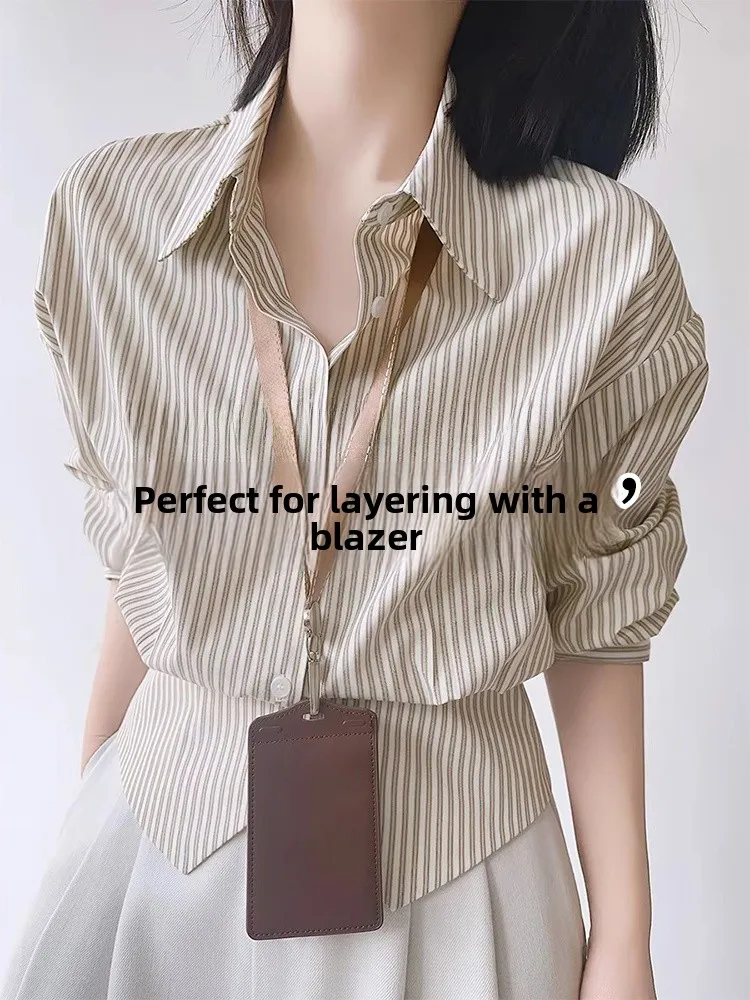 

Unique Beautiful Women's Striped Shirt Waist Cinching Commute Professional Wear Layering Coat Inner Base Shirt Spring Summer ...