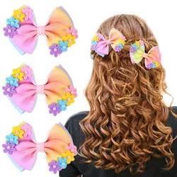 ncmama Rainbow Color Double Layer Bow Hair Clips Cute Flower Pearl Hairpin Baby Ribbon Barrettes Girls Hair Accessories Headwear