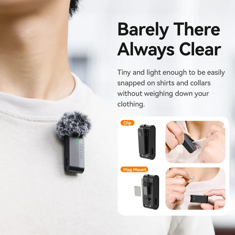 Micrófono de solapa inalámbrico Ulanzi A100 con transmisión de 20 metros para entrevistas callejeras, vlogs y grabación de música para smartphones y cámaras 4