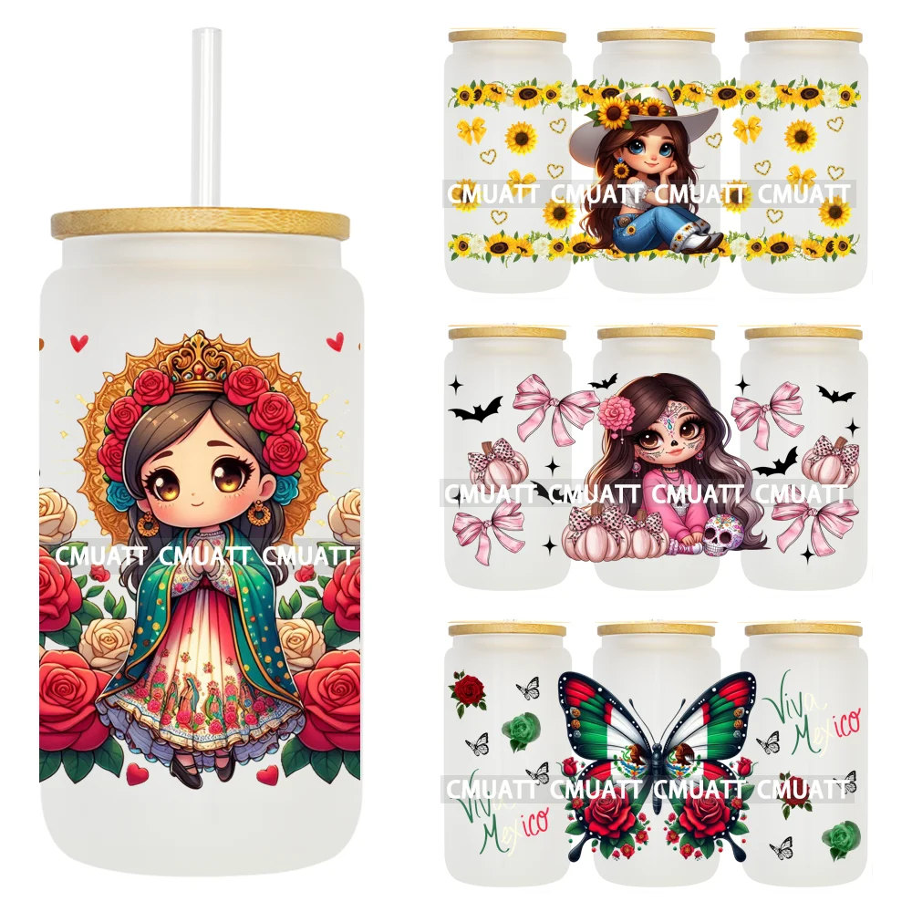 

Mexican Latina Cute Girl Fall Season Halloween Day 16OZ UV DTF Cup Wrap Transfer Sticker Custom Labels Logo For Libbey Glass Can