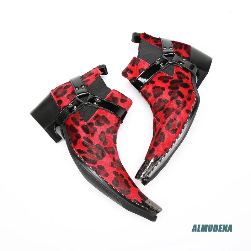 Red Leopard Pattern Pointed Square Toe Low Heel Ankle Boots Men's Street Style Urban Versatile Club Stage Fashion Dress Shoes