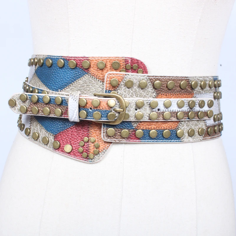 

Multi-color Printing Rivet Elastic Waist Belts for Women PU Leather Punk Rivet Studded Belts Stretchy Waistbands Street Ladies