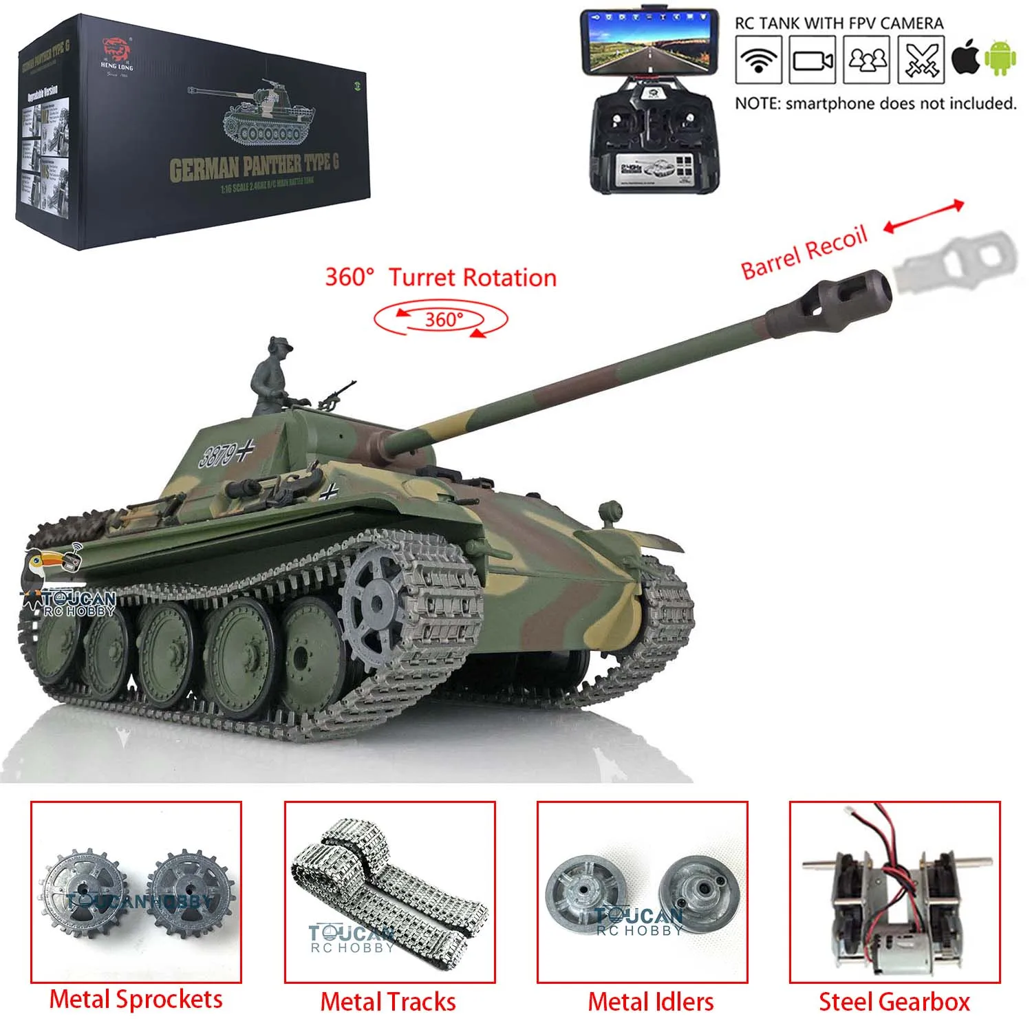 1/16 Heng Long  7.0 RC Tank 3879 Upgraded German Panther G FPV RTR W/ 360° Turret Model Boys Toys TH17490-SMT5