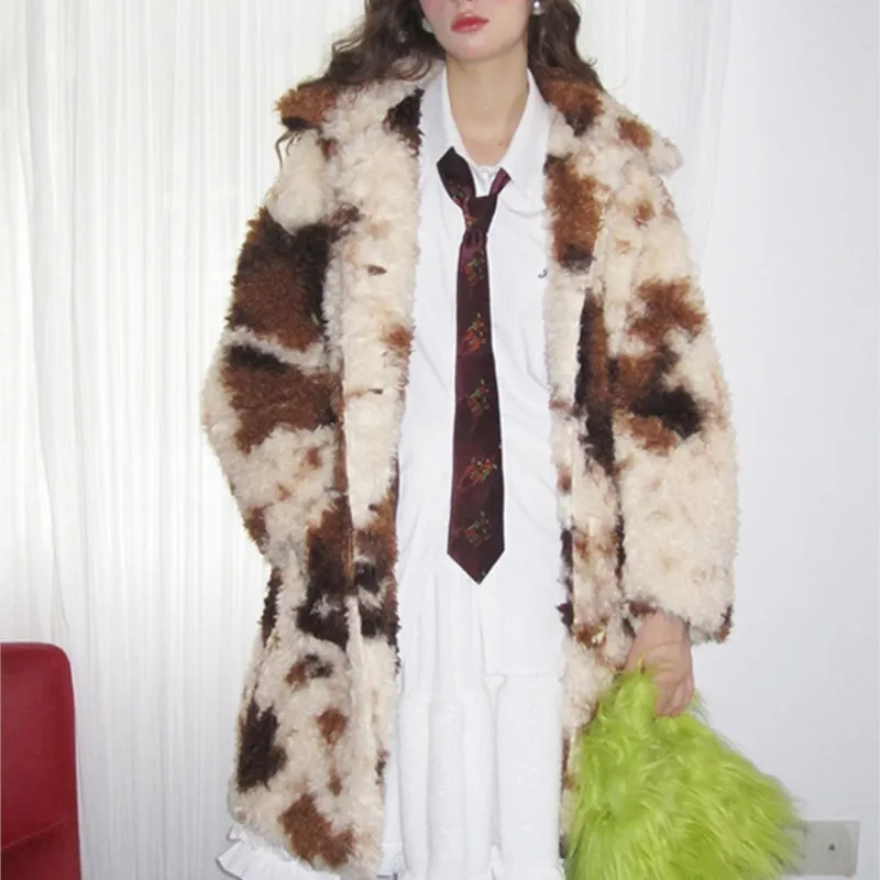 Vintage zachte namaakbont turn-down revers jassen jas 2025 herfst winter dikker warm bont pluizig kleurblok lange pluizige jassen tops