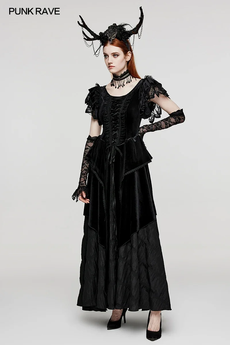 PUNK RAVE Women\'s Gothic Pointed Velvet Symmetrical Dress Skirt  Party Club Long Dresses Women Clothing Pair with Lace Gloves