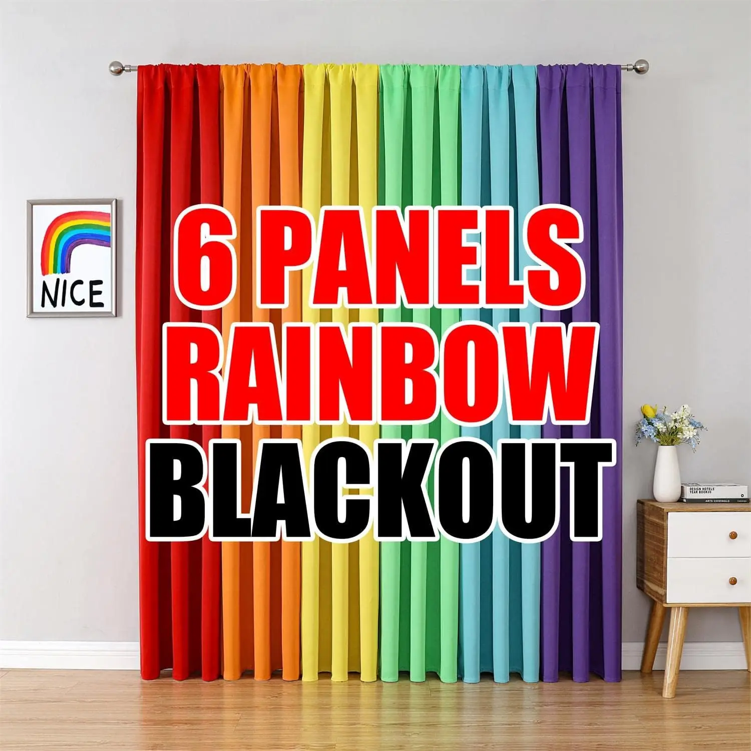 

Rainbow Blackout Curtains 84 Inch Long for Bedroom, 6 Panel Rod Pocket Drapes with Vibrant Colors
