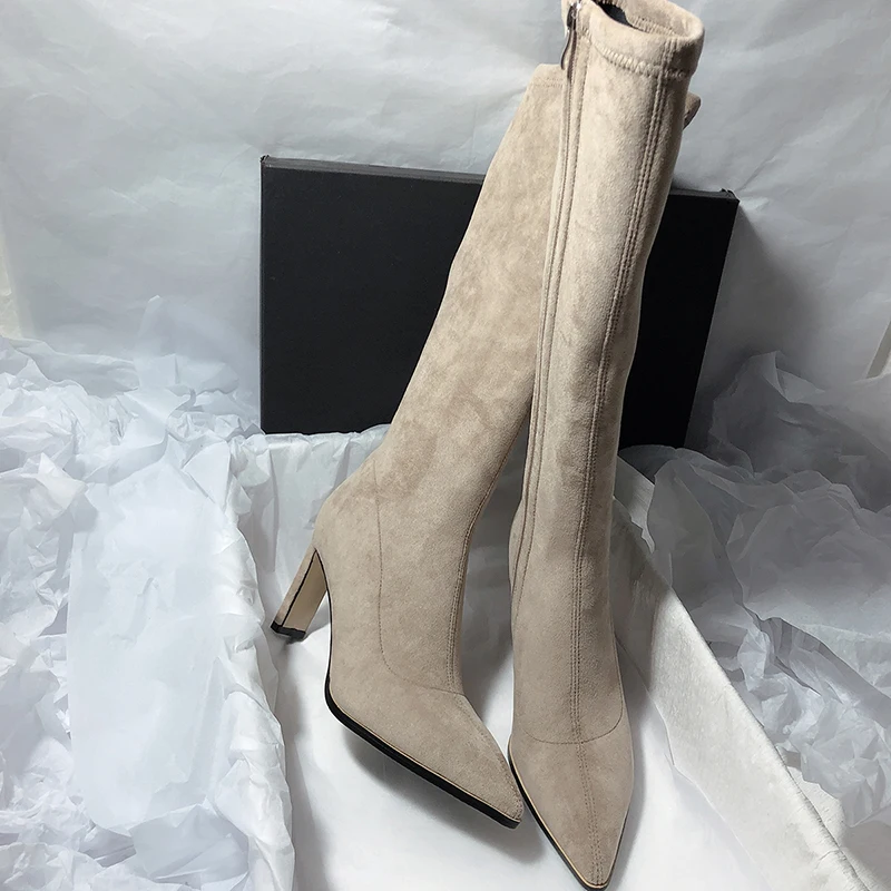 

Vintage Pointed Toe Elastic Slim Women Knee High Boots Designer Square High Heels Zipper Long Botines De Mujer