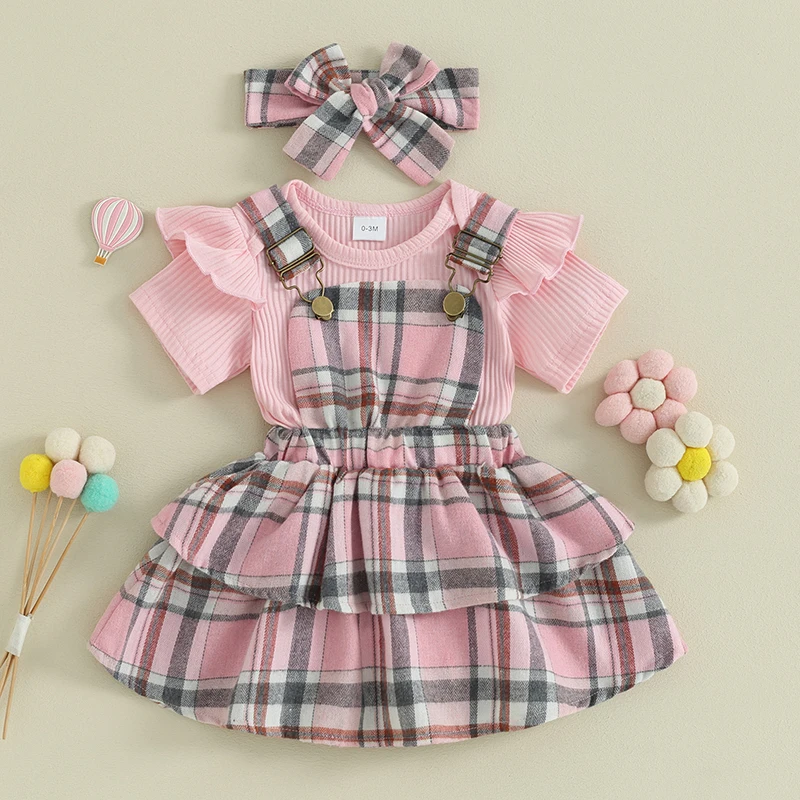 

Infant Baby Girls Summer Outfits Solid Color Rib Knit Short Sleeve Rompers Plaid Suspender Skirts Headband 3Pcs Clothes Set