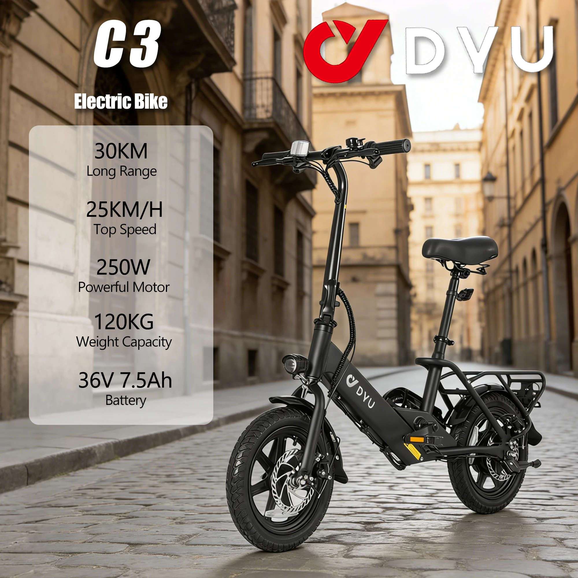 DYU C3 Bici elettrica per adulti pieghevole 250W Motore Bicicletta da strada elettrica 36V 7.5Ah E-bike 14 Ebike 25 km/h Velocità massima