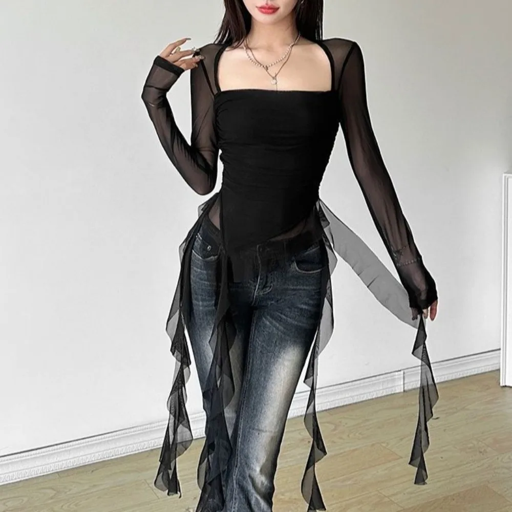 Streetwear Quallen-Mesh-Gürtel T-Shirt Elfen-Langarmshirt mit Plissiertem Kragen, Schmal Geschnittenes Crop-Top, Transparent, Außergewöhnlich – Detail 5