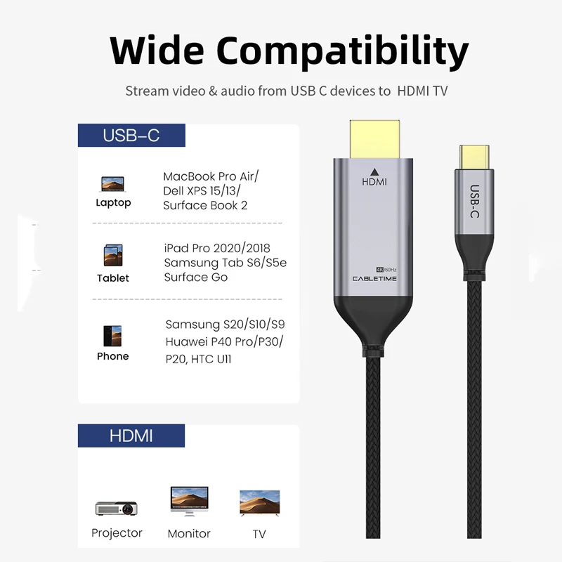 CABLETIME 4K USB C to HDMI Cable 90 Degrees Support 4K@60Hz Resolution Aluminum Shell for Laptop Monitor DELL view 4