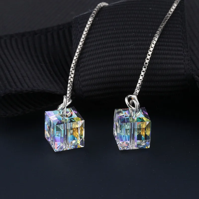 Elegant Sugar Cube Crystal Thread Dangle Drop Earrings for Women Line Trend Korean Fashion Luxury Wedding Party Banquet Jewelry