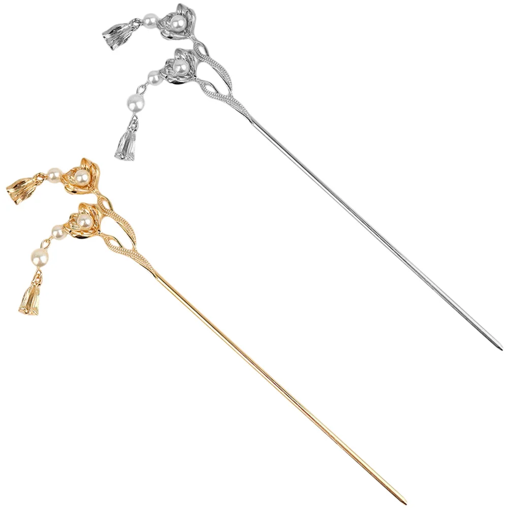 

2pcs Tassel Women Long Stick Accessories Wedding Party Bride Fork Hair Bun Pin Decorative Metal Hair Stick Forks