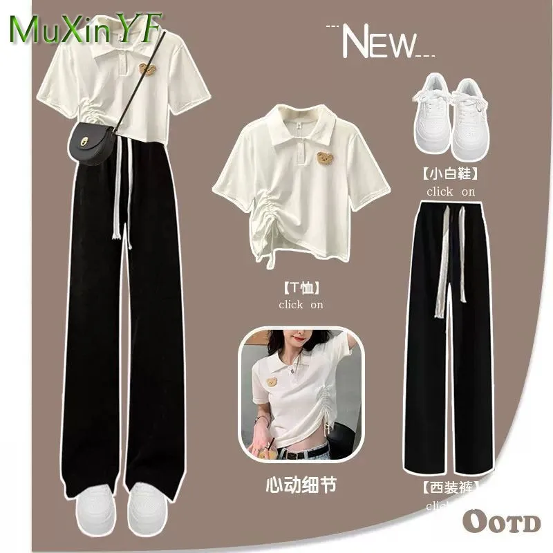 2023 Summer New in Matching Set Women's Fashion Loose Polo Neck Short Sleeve T-shirt+Casual Pants 2 Piece Korean Chic Tracksuit