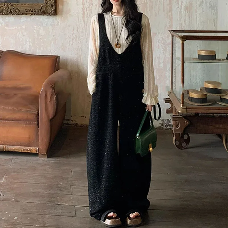 

2024 spring new jumpsuit black small fragrant wind all-in-one overalls retro wide-leg mop pants top set