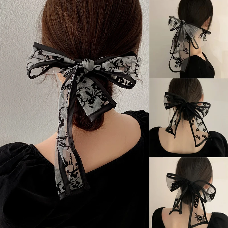 Black Lace Hair Band Women Floral Print Neck Scarf Korean Chiffon Long Headband Silk Bag Scarves Girls Ponytail Hair Accessories