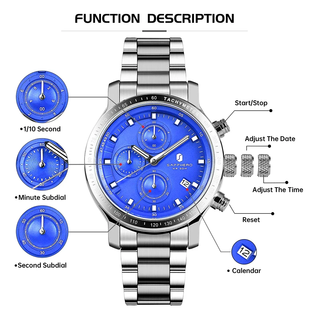 SAPPHERO montre d'affaires Date montre-bracelet pour hommes montres simples en acier inoxydable 50m horloge étanche 2025 nouveaux cadeaux pour hommes de mode