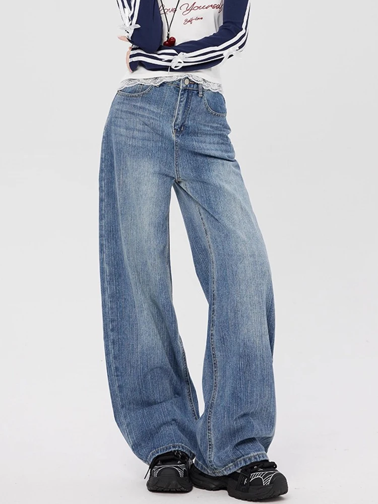 

Y2K бамбуковые джинсы с высокой талией, женские летние американские ретро широкие брюки, свободный стиль для похудения