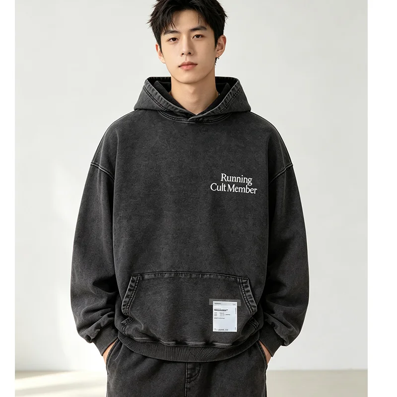 Satisfy  Men's Hoodie Running Cult Member Print Vintage Style Long Sleeve stamp Cotton Sweatshirt with Pocket for Running