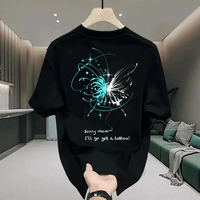 Men's Fitted Cotton T-shirts 5XL Black T Shirt Summer Wear Casual for Men Butterfly Letter Print Tee Shirts White Men Clothing