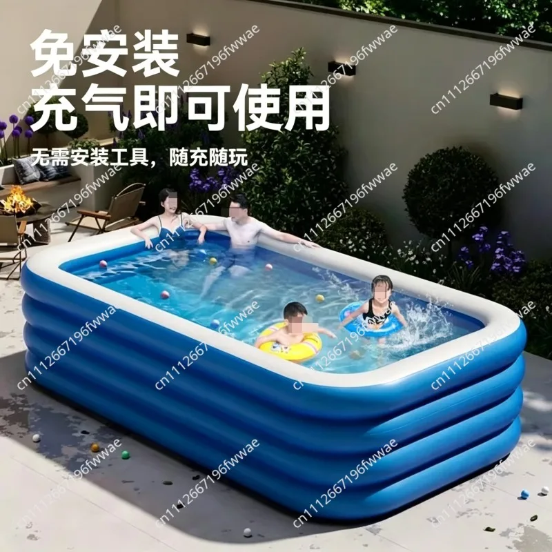 Large Family Inflatable Swimming Pool - Four-Ring Raised Thickened Blue&White Home Pool