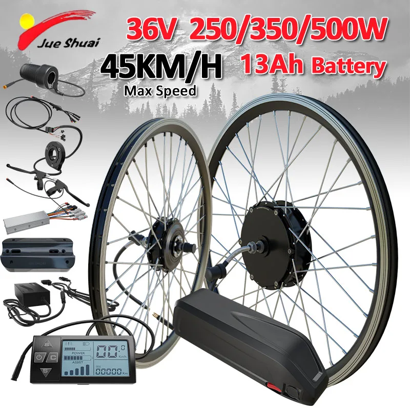 36V 250W/350W/500W Electric Bike Conversion Kit with 13Ah Lithium Battery Max Speed 45KM/H Brushless Gear Hub Motor Wheel Kit