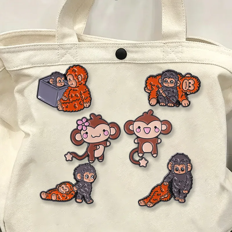 Japanese Viral Monkey Enamel Pin Punch And Doll Set Cartoon Animal Brooch Cute Lapel Badge For Backpack Hat Decor