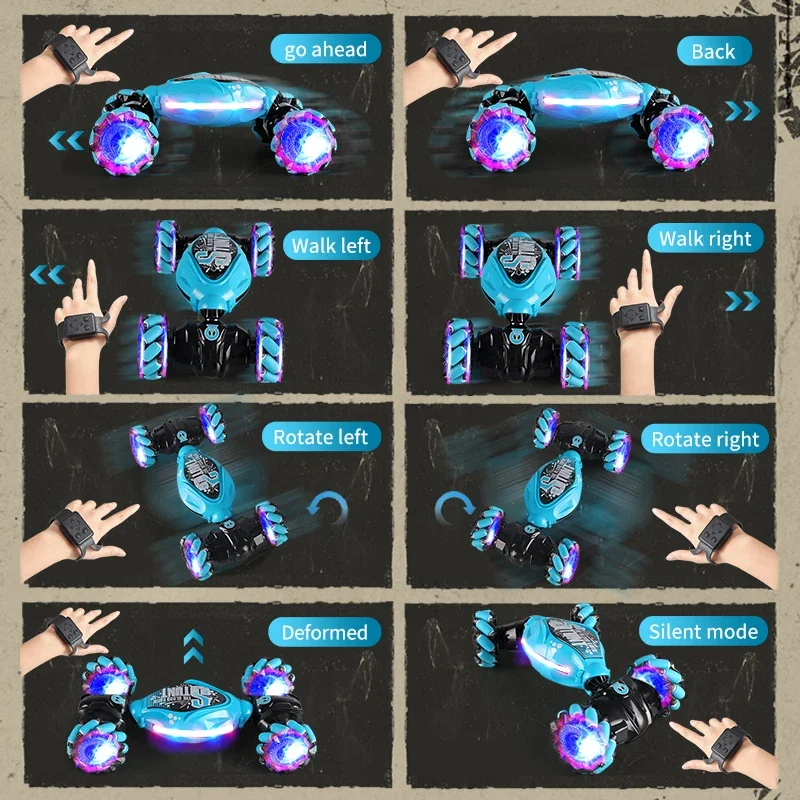 Gesture Sensing Dual Control Twist Car Double-Sided Drift Stunt Rechargeable Remote Toy with LED Lights - Perfect Gift for Kids