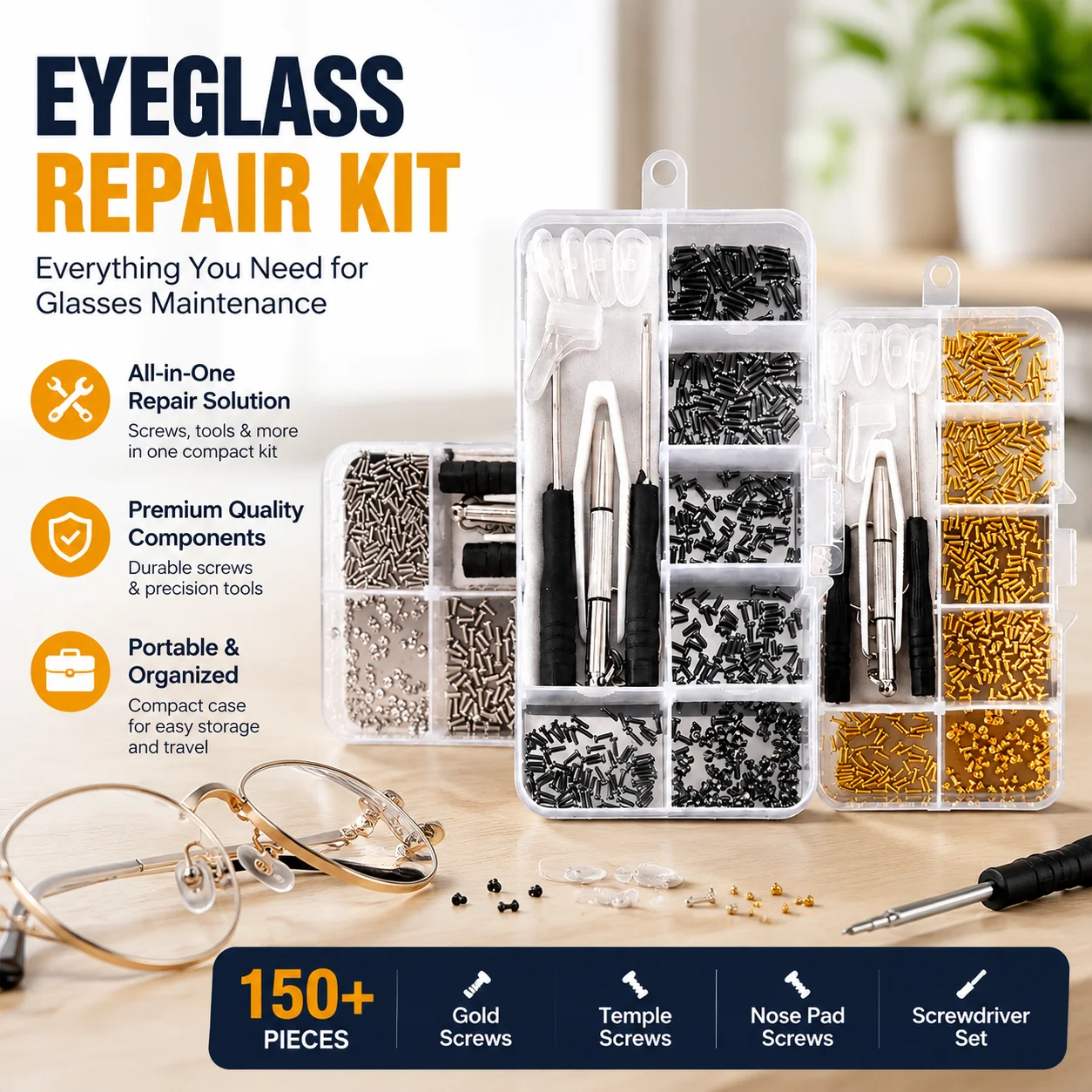 Golden‑toned Eyeglass Repair‑screw Kit, Temple‑leg Fasteners, Nose‑pad Bolts, Matching Mending Screwdriver Set, Practical