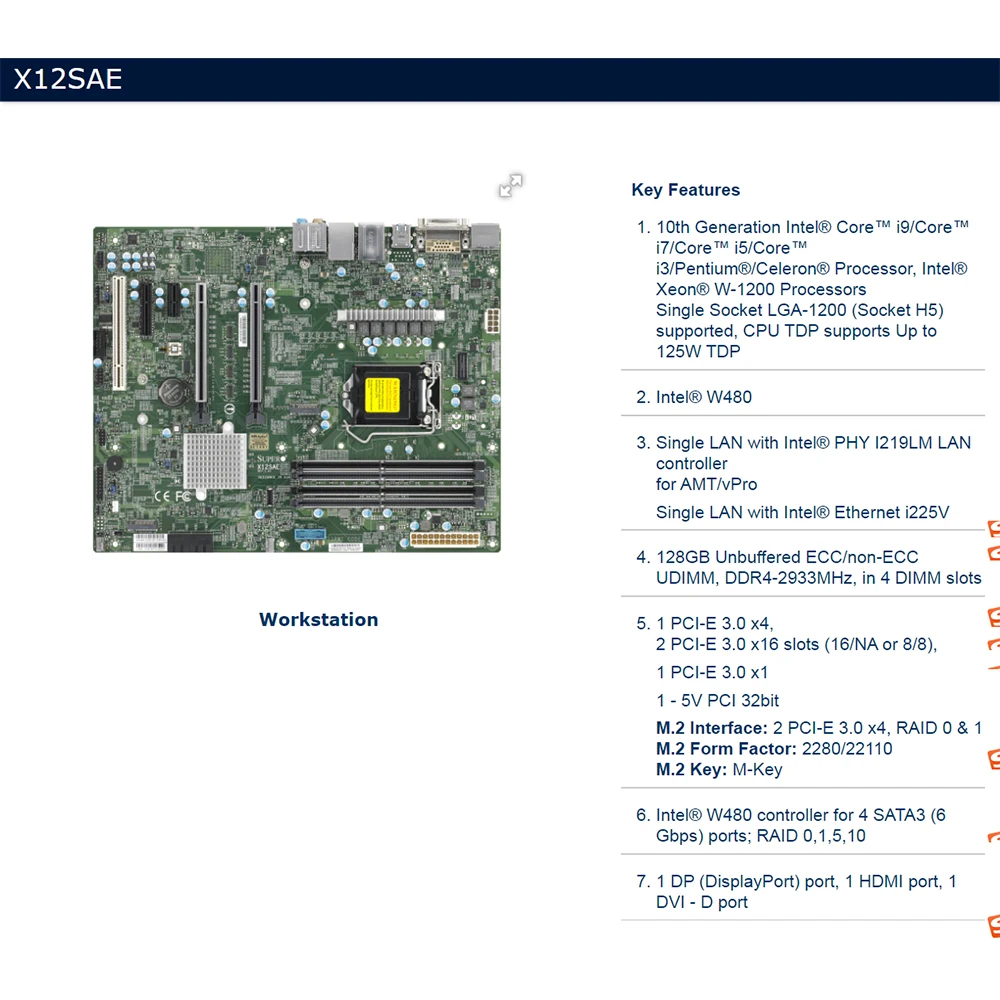 X12SAE untuk Supermicro Workstation ATX Motherboard LGA-1200 Intel W480 Chipset DDR4 Dukungan 10th Generasi I9/I7/I5/I3 PCI-E3.0