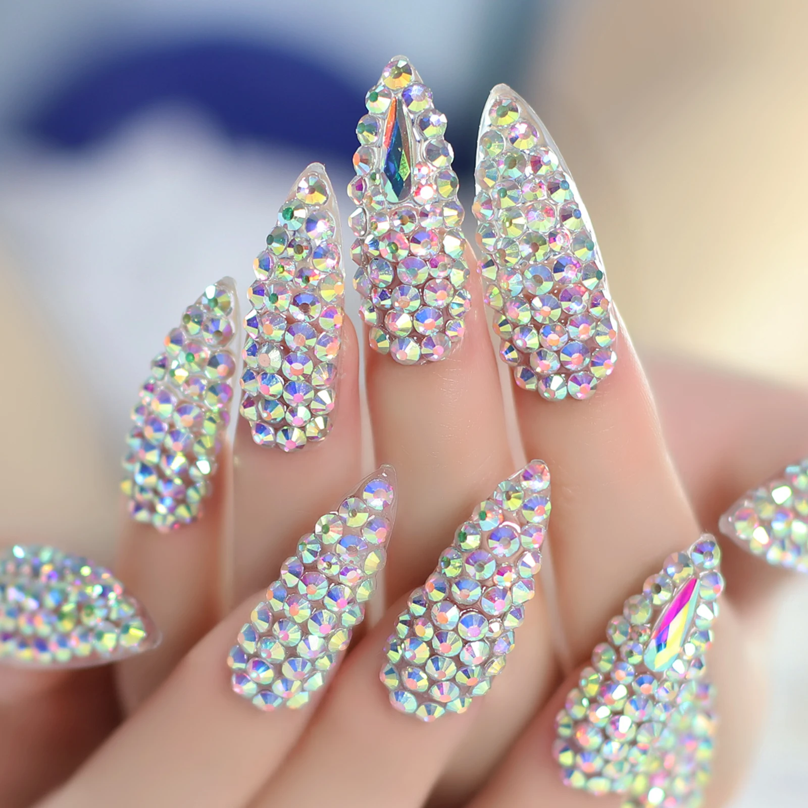 Stiletto Nails Medium Size Rhinestone Full Cover Fingernails Fake Diamond Art Fake Nails Wedding Model Office Pro Free shipping