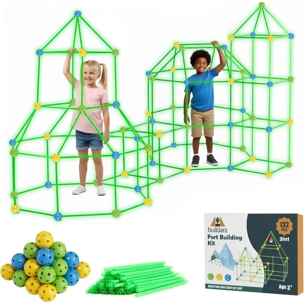 ort Building Kit or Kids -132 PCS- Glow-in-The-k STEM Tent or Kids with Starry Sheet & Light - Indoor and Outdoor Building Toy o
